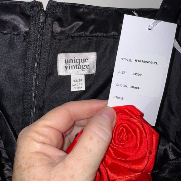 Unique Vintage - Black Tulle 1950s Swing Dress with Red Rosettes (Size 3X/20) - Picture 6 of 6